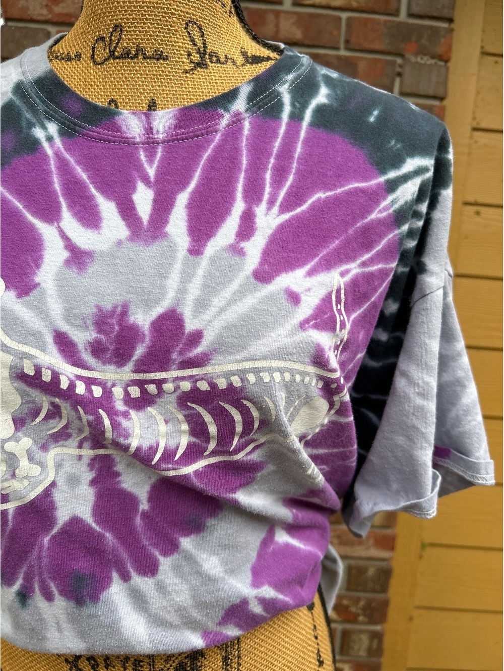 Tie-Dye Purple and Black T-Shirt with Skeleton Dog Graphic